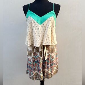 Anthropologie Teal and Cream Patterned Romper